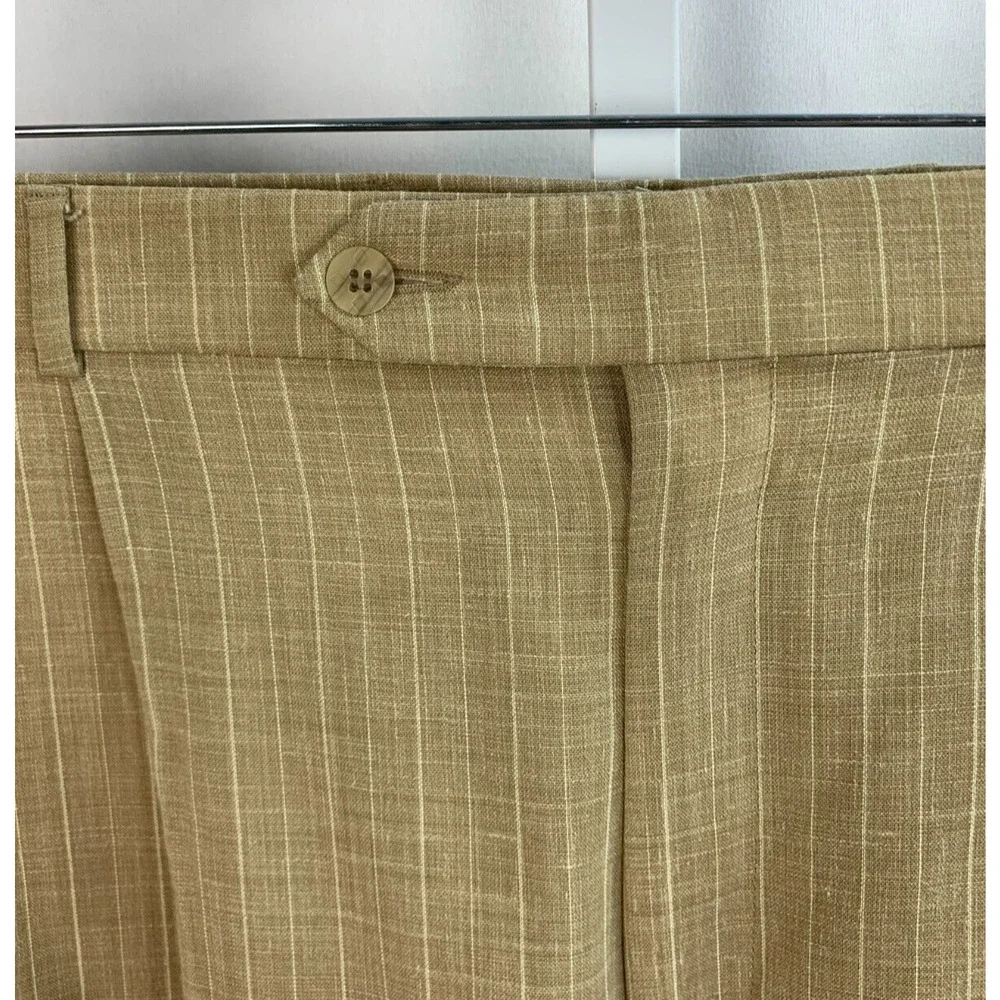 Maus & Hoffman 42 x 27 Tan Cream Pinstripe Pants Pleated Trousers LINEN MENS